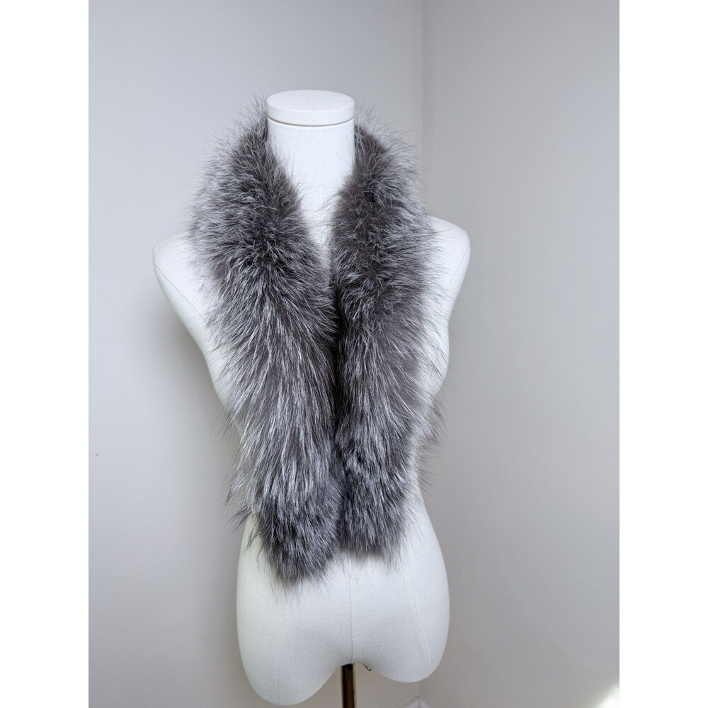 Vintage Genuine Silver Fox Fur Collar Scarf Stole Gray Black Satin Lined